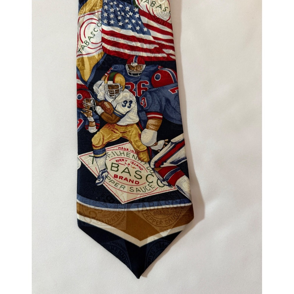 Tabasco Mens Silk Tie Football Americana Pepper Sauce Navy Blue Novelty Necktie